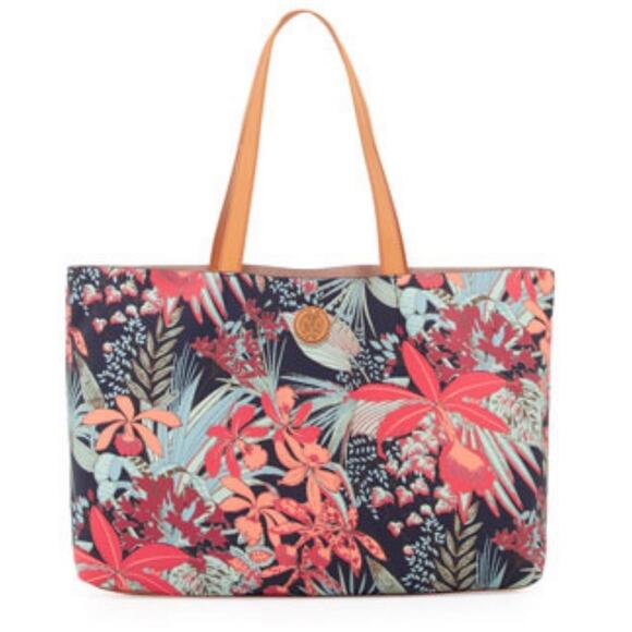Tory Burch Kerrington Eastwest Tropical Floral Print Tote Bag Navy Calathea